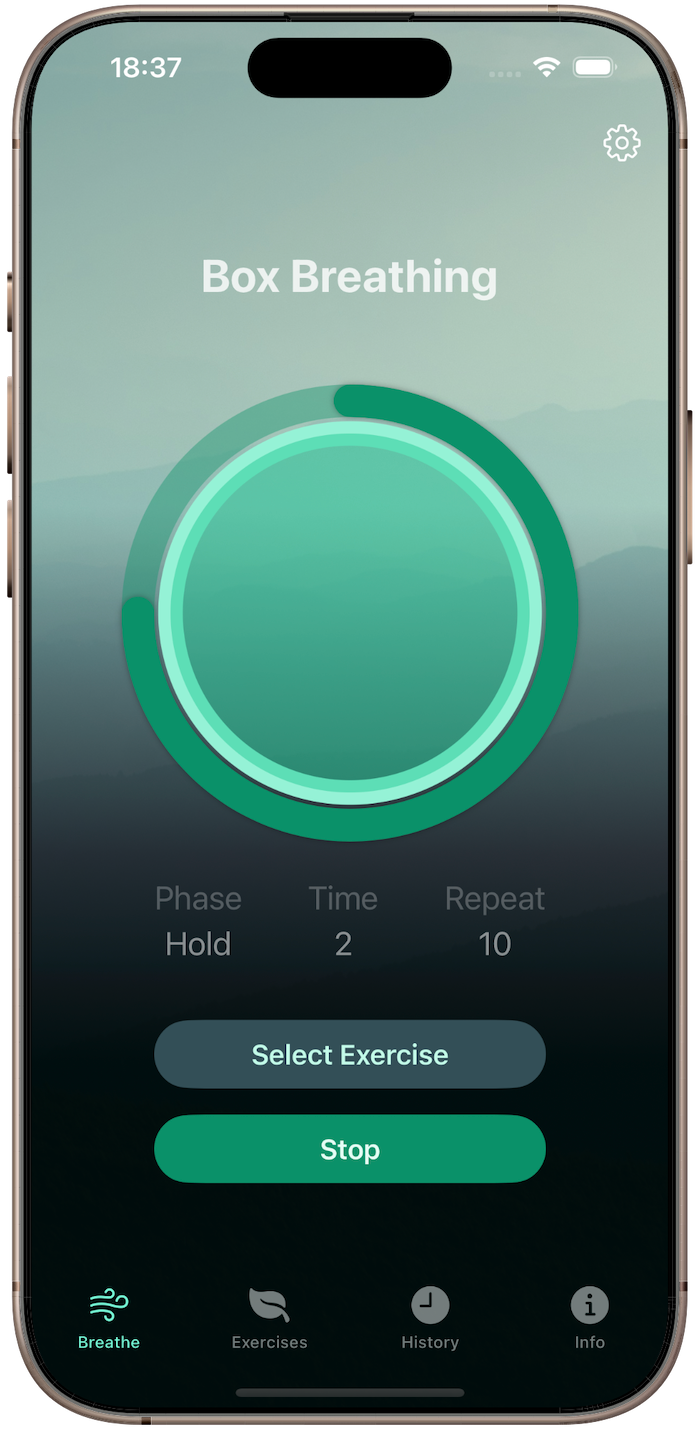 Preview of the app exercise screen displaying a box breathing exercise