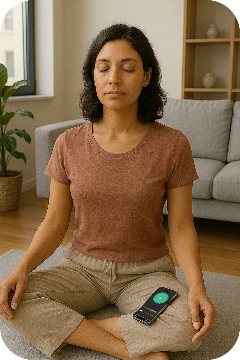 woman sitting and doing a breathing exercise with her eyes closed